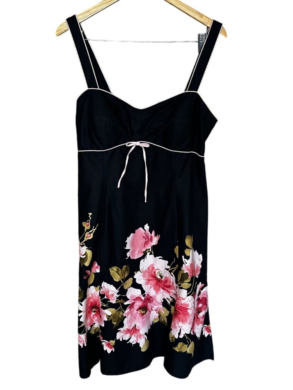 Y2K Whimsigoth Babydoll Sundress Black Pink Floral Empire Waist Vintage Midi 90s